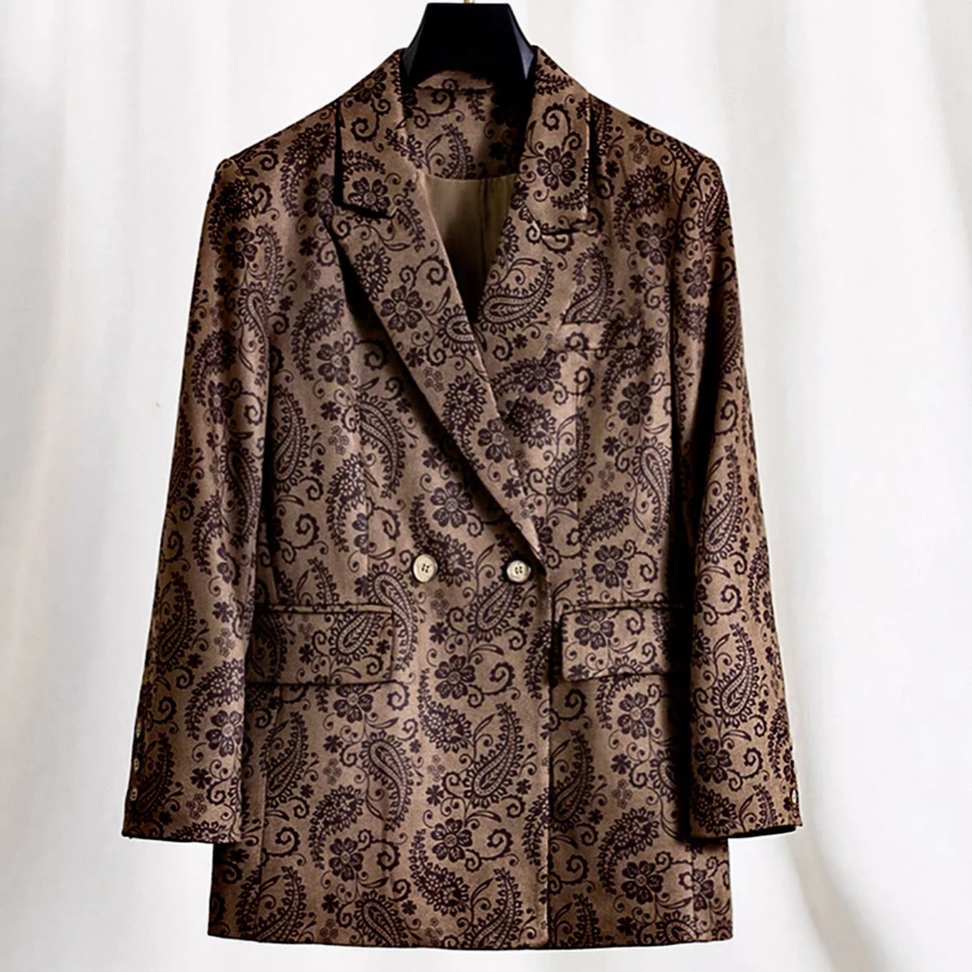 秋季新款复古印花腰果花中长款气质女士时尚百搭西装外套