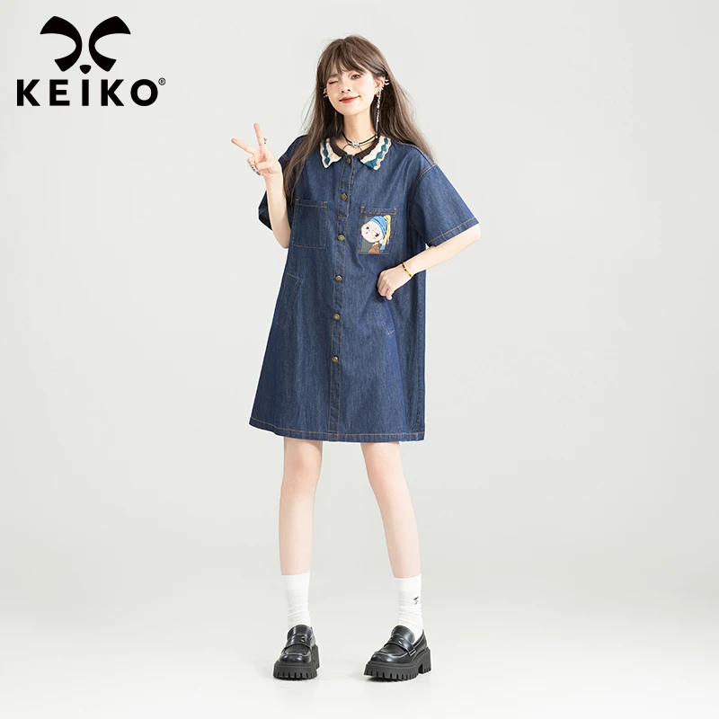 KEIKO 文艺风轻薄牛仔短袖连衣裙25夏季少年感织花polo领A字裙子