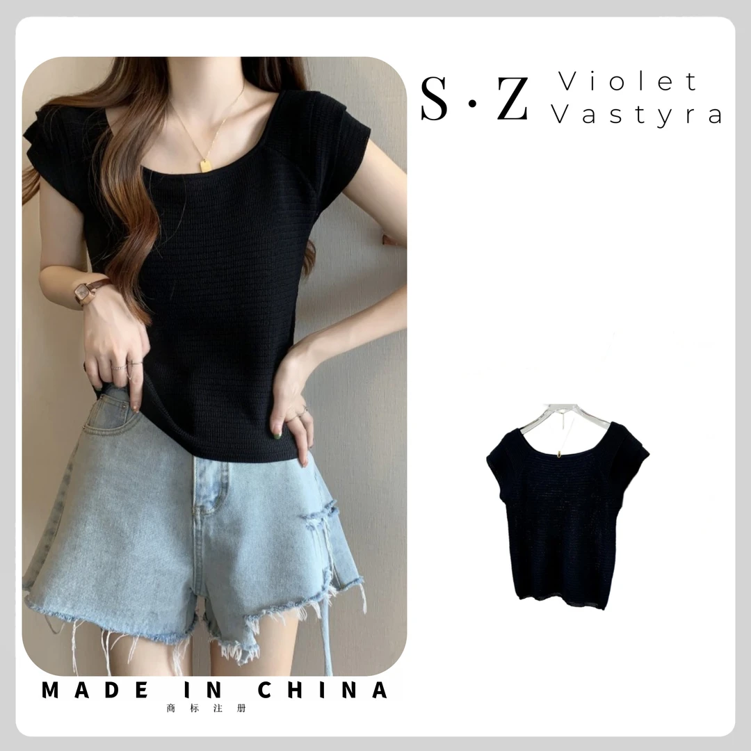 不规则u领短袖t恤女韩版修身高腰短款学生纯色上衣DX004