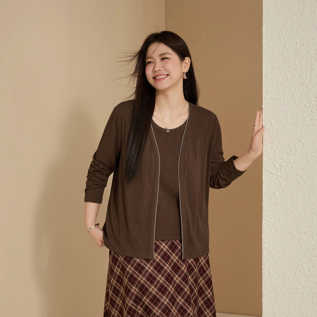 【秋日摩卡】纤莉秀W大码女装流光风净色罗纹背心外衫两件套QK3594