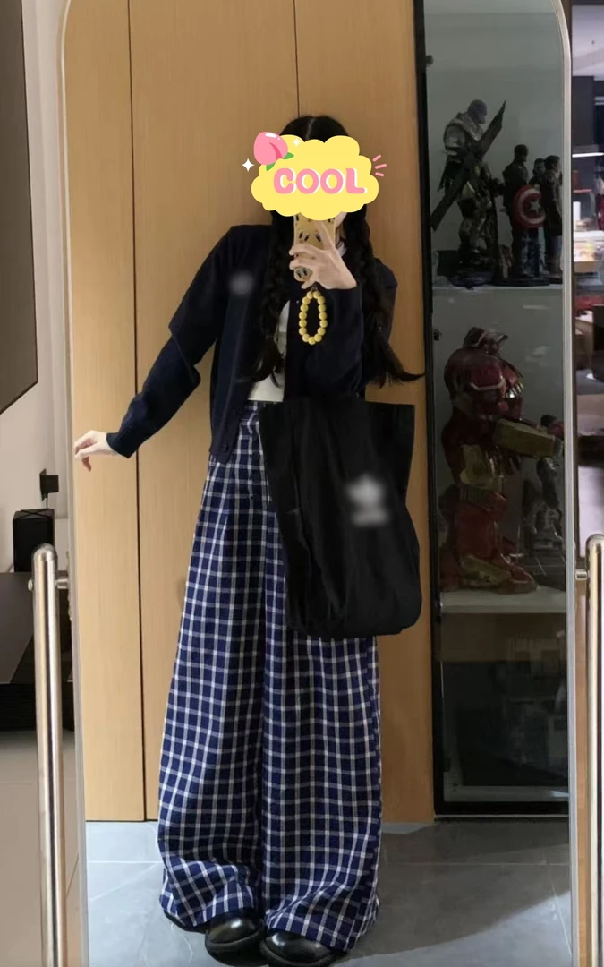 大码复古格子裤女秋季宽松背心长袖开衫秋季休闲三件套2070#