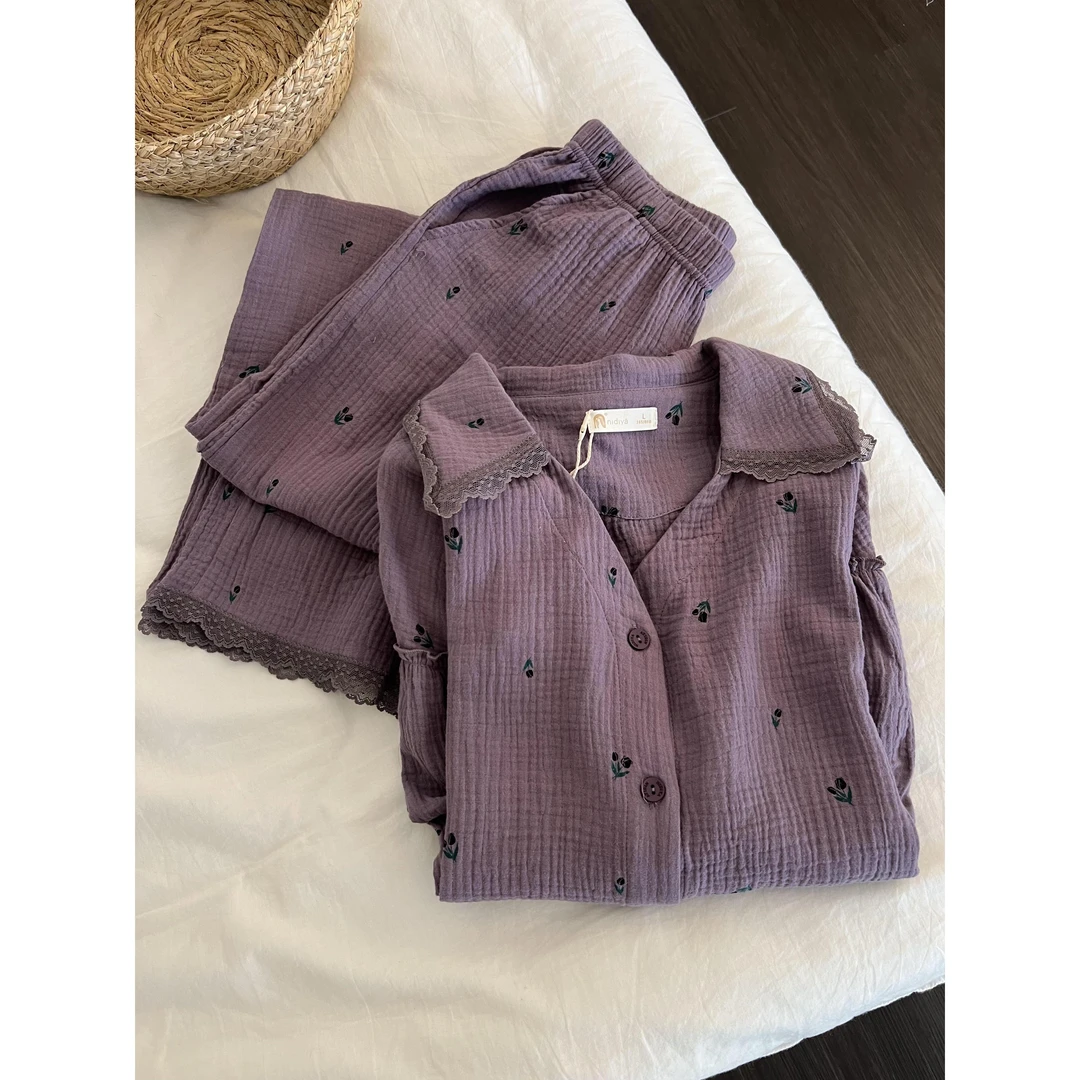 韩系复古紫色碎花双层棉纱睡衣女春秋新款纯棉长袖长裤家居服套装