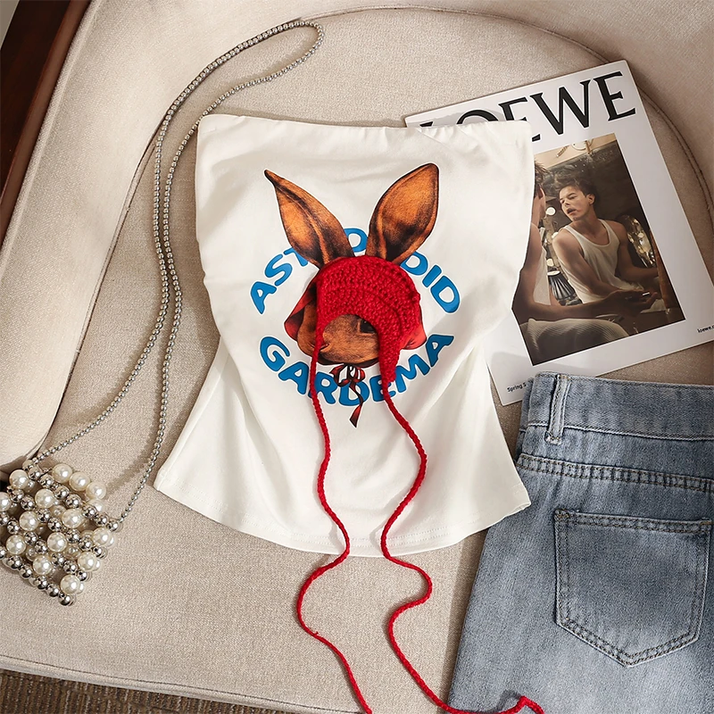 辣妹印花设计感吊带背心女夏外穿性感修身显瘦百搭带胸垫抹胸上衣