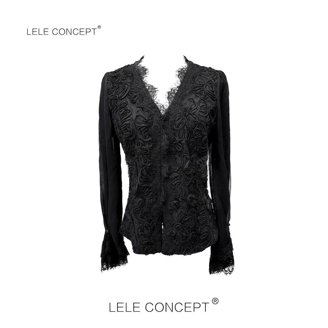 LELE CONCEPT丨【精选推荐】轻奢V领花朵系扣上衣S0858