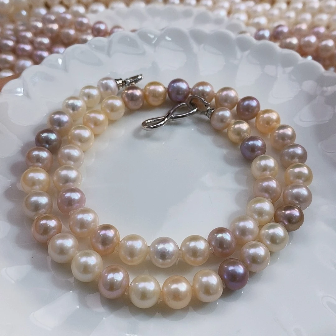 银S925镶嵌特价库存稀有无核极光莫兰迪混彩8-9淡水珍珠