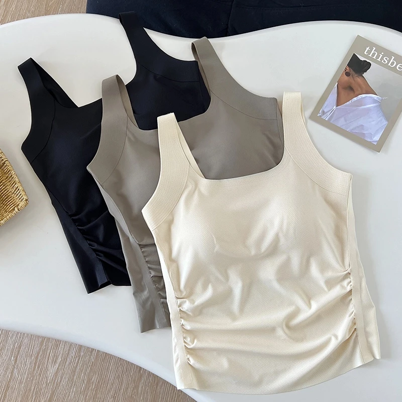 冰丝一体小吊带背心上衣女2025新款夏季无痕内搭无袖褶皱吊带背心