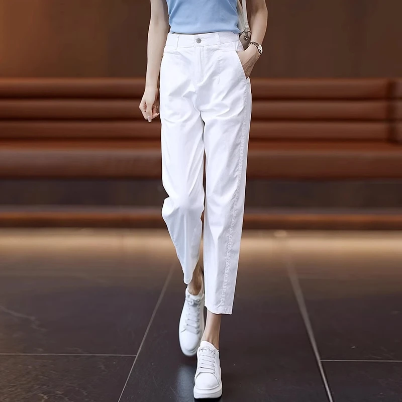 拉夏贝尔白色休闲哈伦裤女2025年夏季新款高腰显瘦小个子萝卜裤子