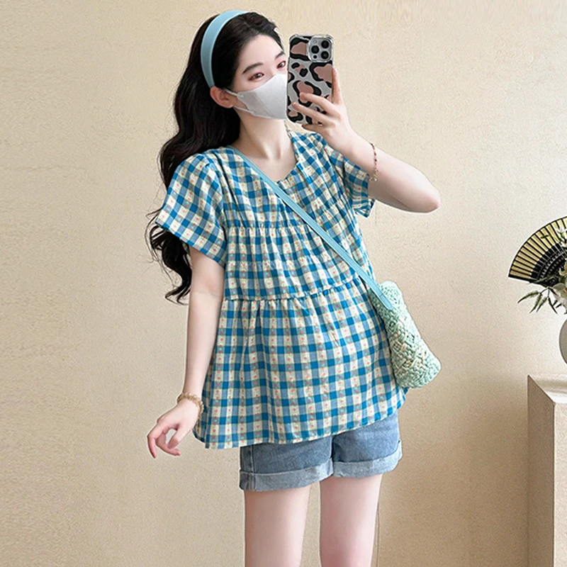【伊伊】孕妇装2025新款时尚碎花格子短袖上衣设计感短袖圆领娃娃衫