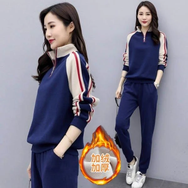 秋冬休闲运动服套装女装2025秋季新款插肩卫衣时尚加绒加厚两件套