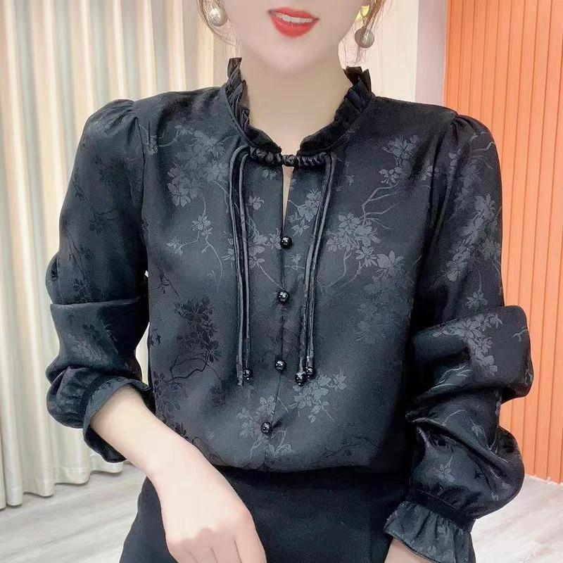 缎面新中式中国风提花衬衫女妈妈春装上衣套头女装长袖气质衬衣女