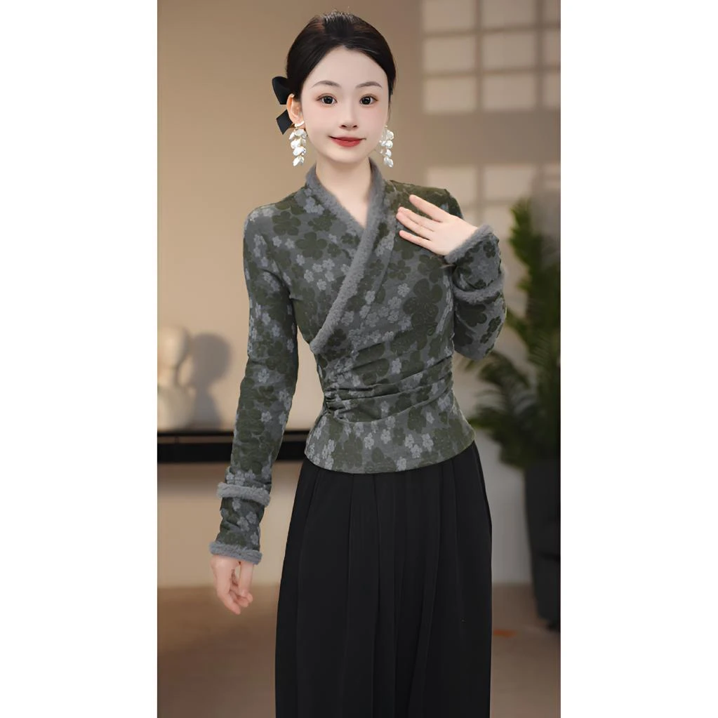 【上衣】冬季新款民族风小众气质高级毛毛领拼接长袖加绒套装-80145