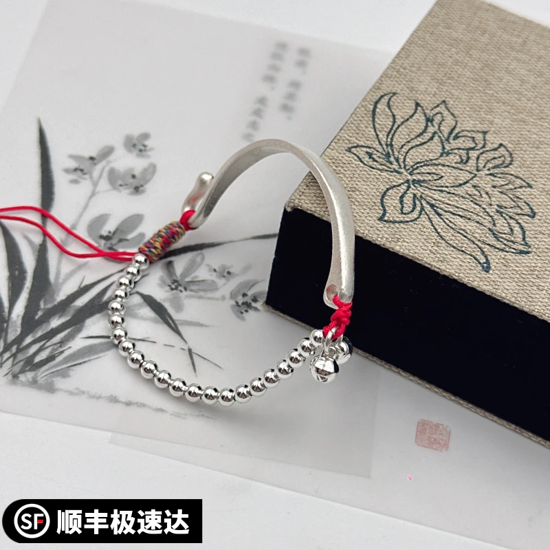 银宫铃手链女9999银手绳红绳宝宝儿童新生儿百天礼物银饰手串
