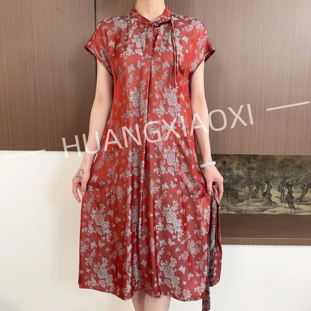 HUANGXIAOXI 蝶恋花重工提花单层双面双穿盘扣旗袍连衣裙ZF-304