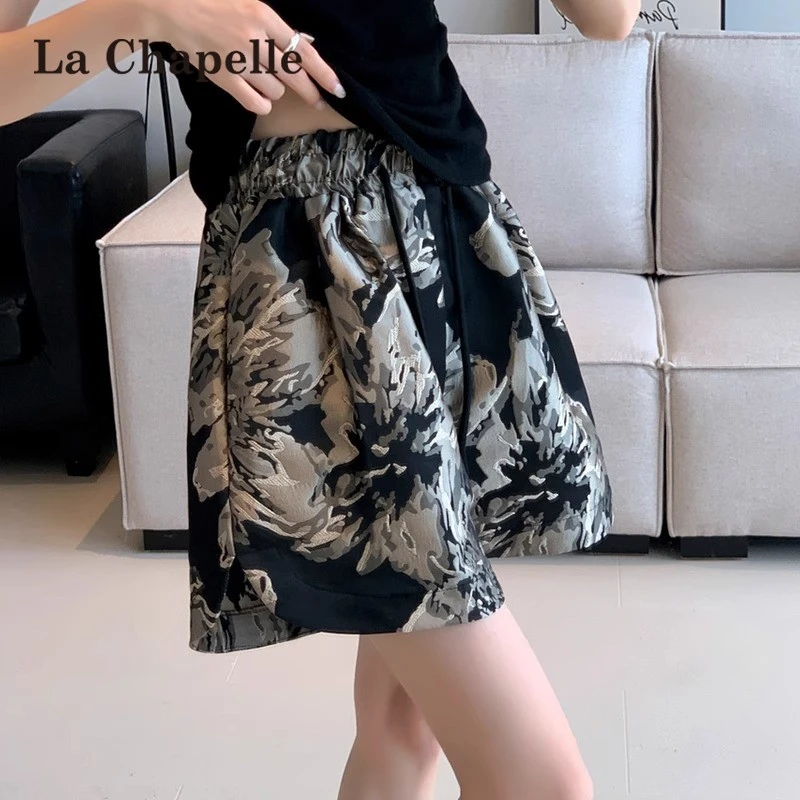 拉夏贝尔复古水墨提花冰丝短裤女夏薄款高腰宽松休闲外穿a字热裤