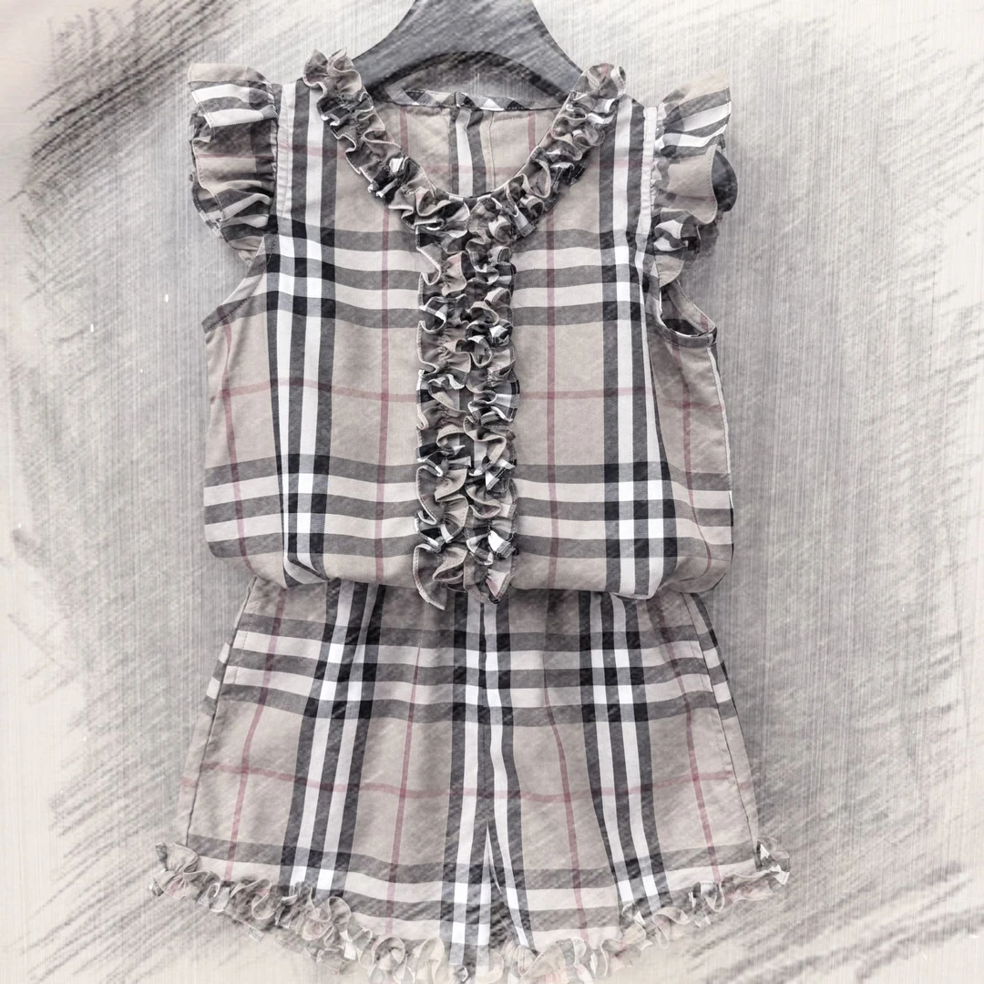 【正伟潮童】88506儿童女童夏季新款时尚洋气经典格纹无袖短裤套装