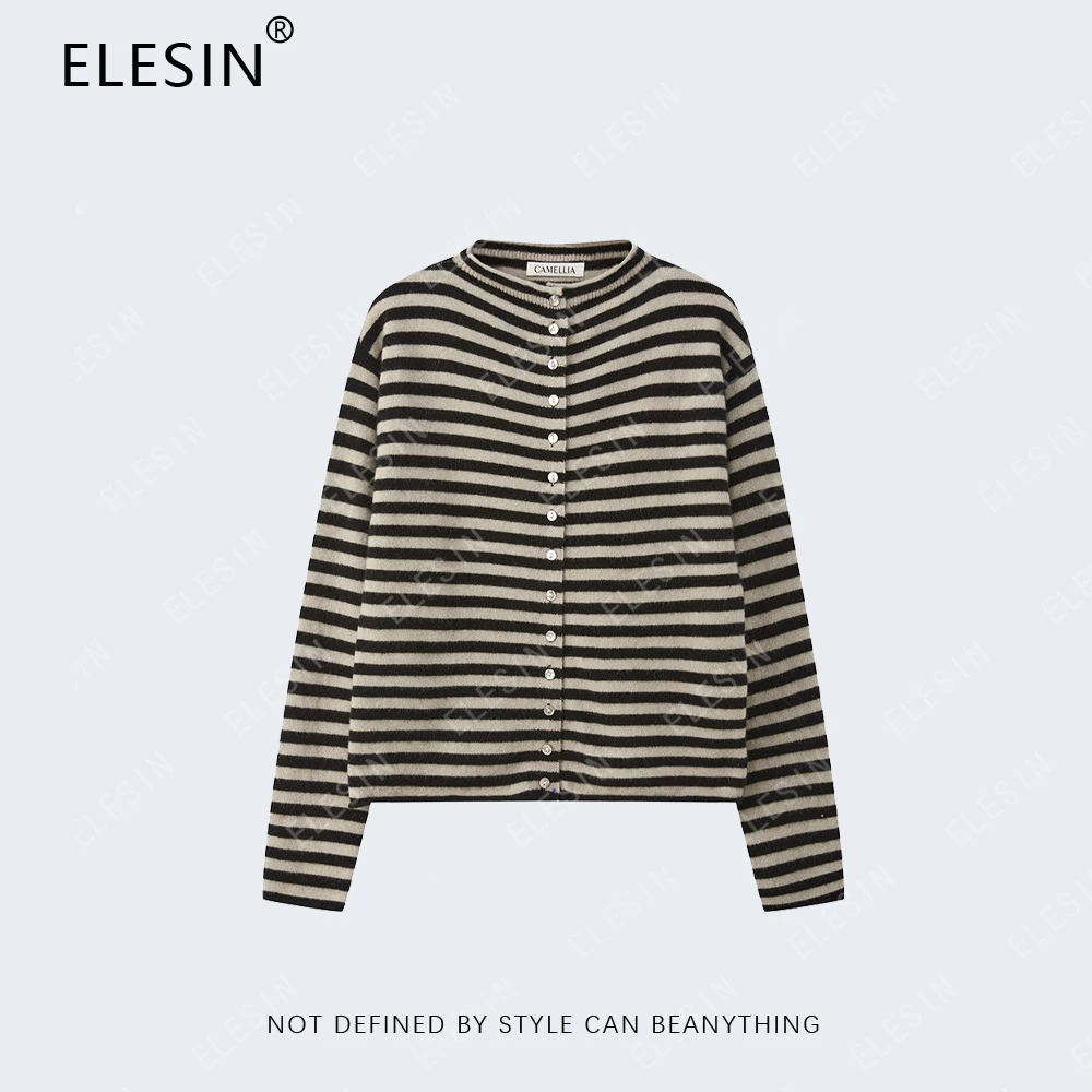 ELESIN【高智女主】条纹撞色开衫高级感针织毛衣 KS0130