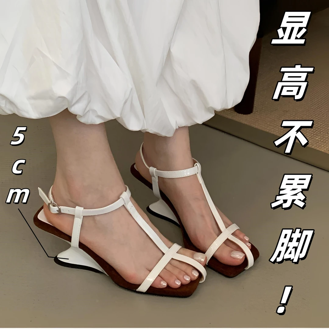 【YOU】法式夏天一字带夏季新款镂空细带高跟鞋露趾坡跟凉鞋