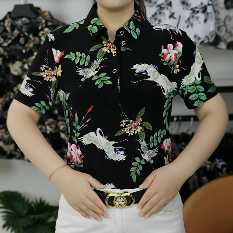 男士短袖polo冰丝印花翻领中年薄款宽松半袖商务免烫黑色衬衣碎花