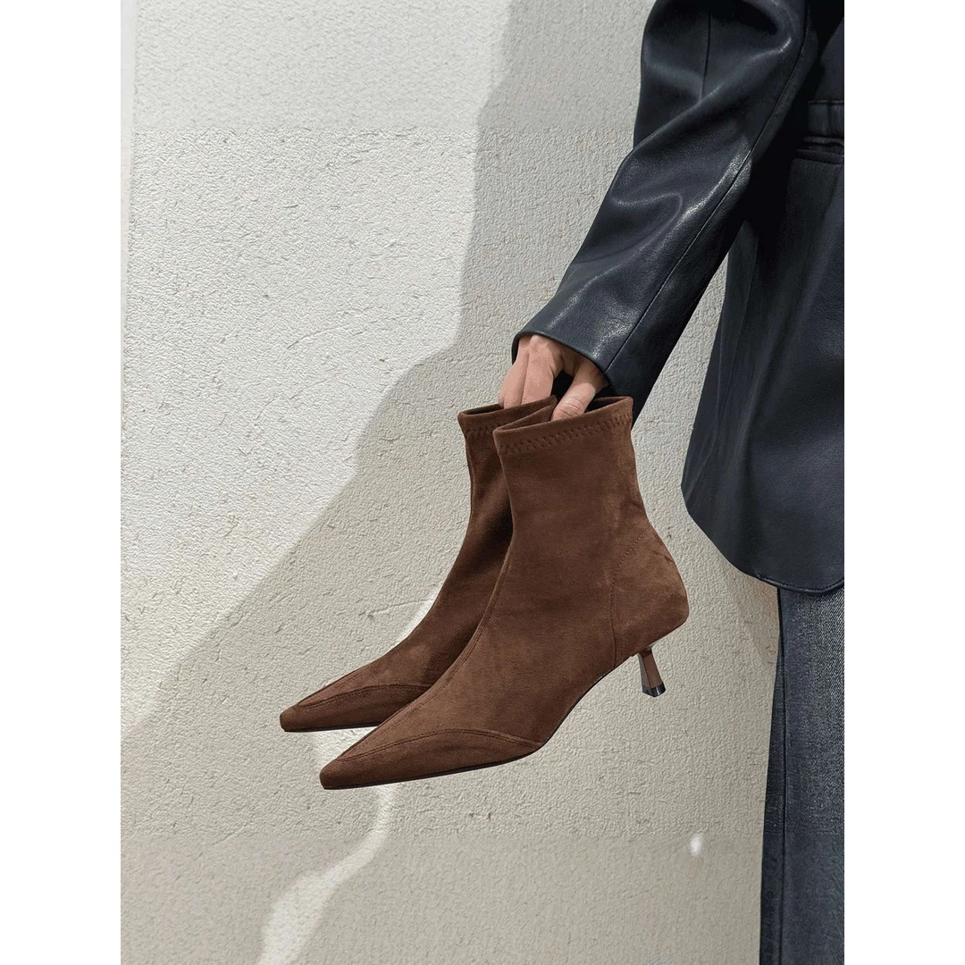 【万达撤柜】气质细跟弹力瘦瘦靴子高跟鞋秋冬新款小众拼接猫跟百