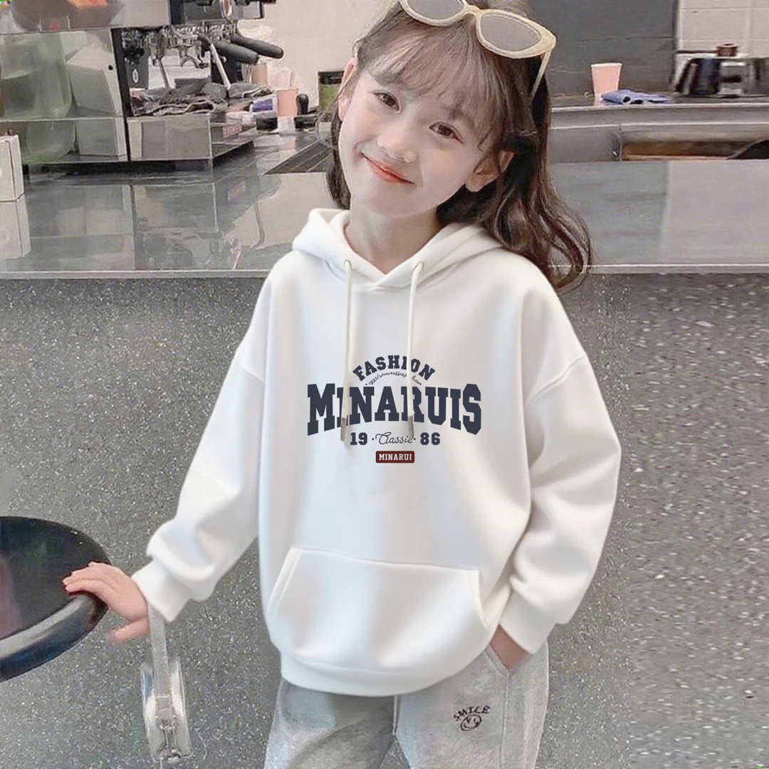 女童2025新款连帽加绒卫衣简约中大童洋气学生印花韩版ins潮上衣