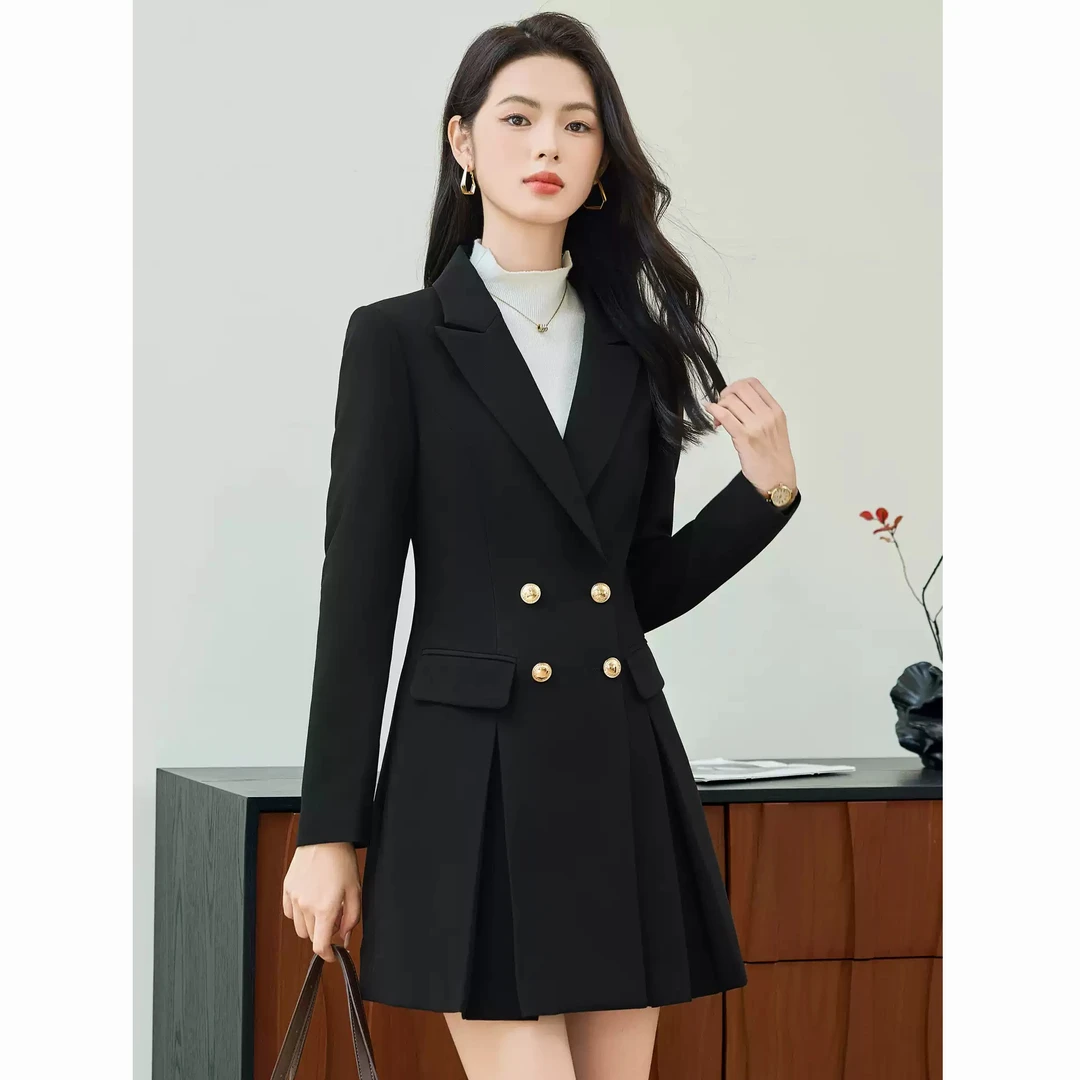 黑色风衣外套女秋冬新款高级感气质女神范修身职业中长款西装大衣