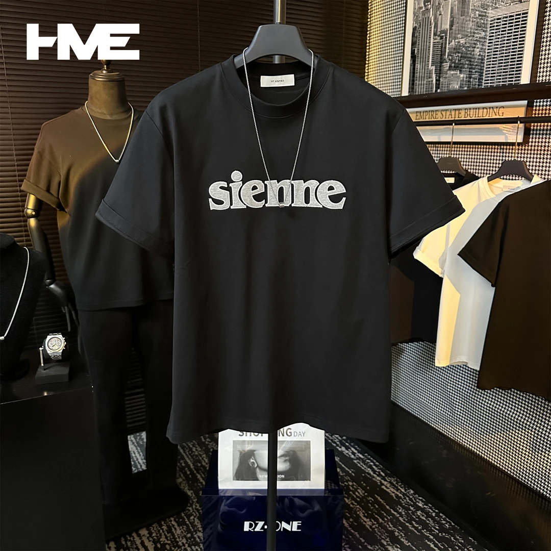 【HMEYAO】夏季轻奢重磅高定字母刺绣设计男士短袖简约时尚休闲上衣