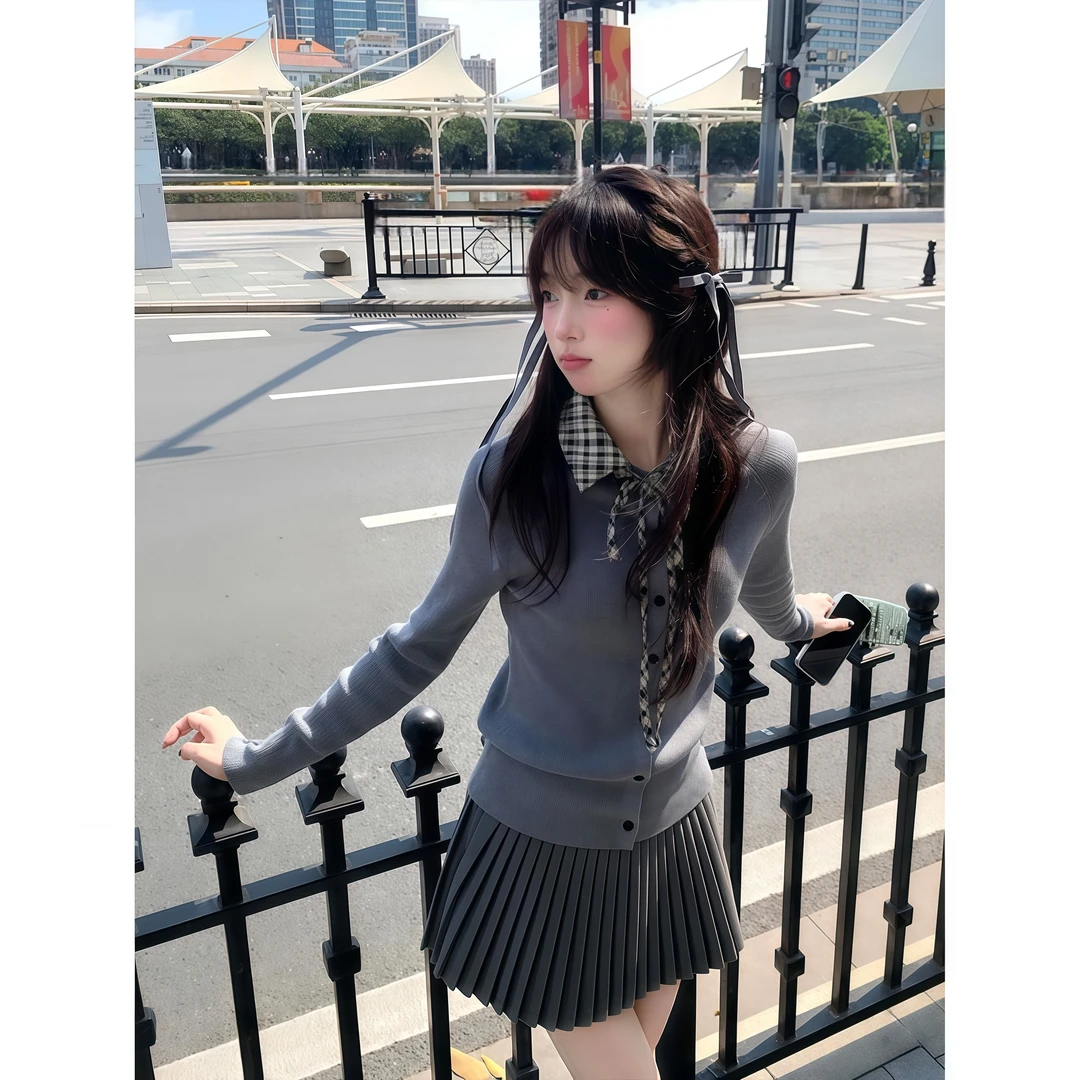 小众设计感假两件翻领针织衫上衣女秋季新款百褶半身短裙子两件套