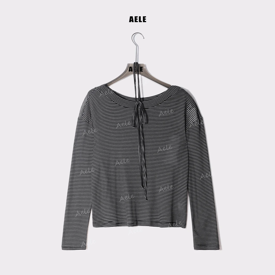 AELE一字肩休闲系带条纹上衣时尚百搭松弛感针织长袖T853 2265 AD