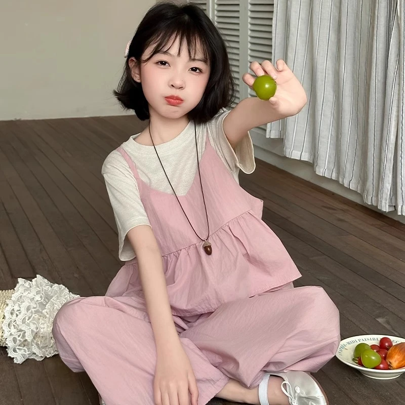 女童夏季套装2025新款6-12岁15岁中大童休闲时髦吊带背心三件套潮