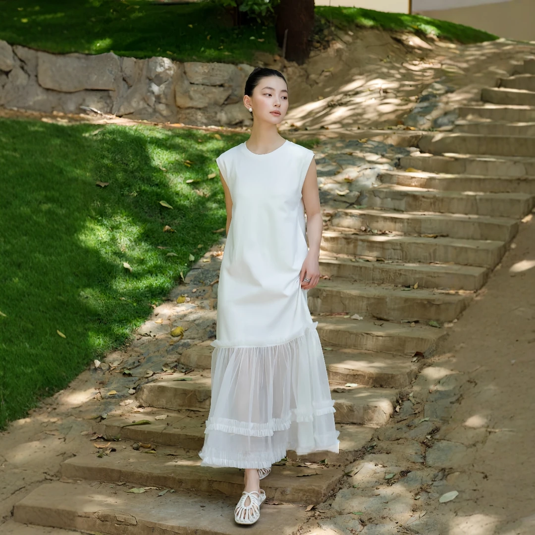 朦胧透视美氛围感小黑裙丨花边蕾丝高支棉拼接白色透气连衣裙3328