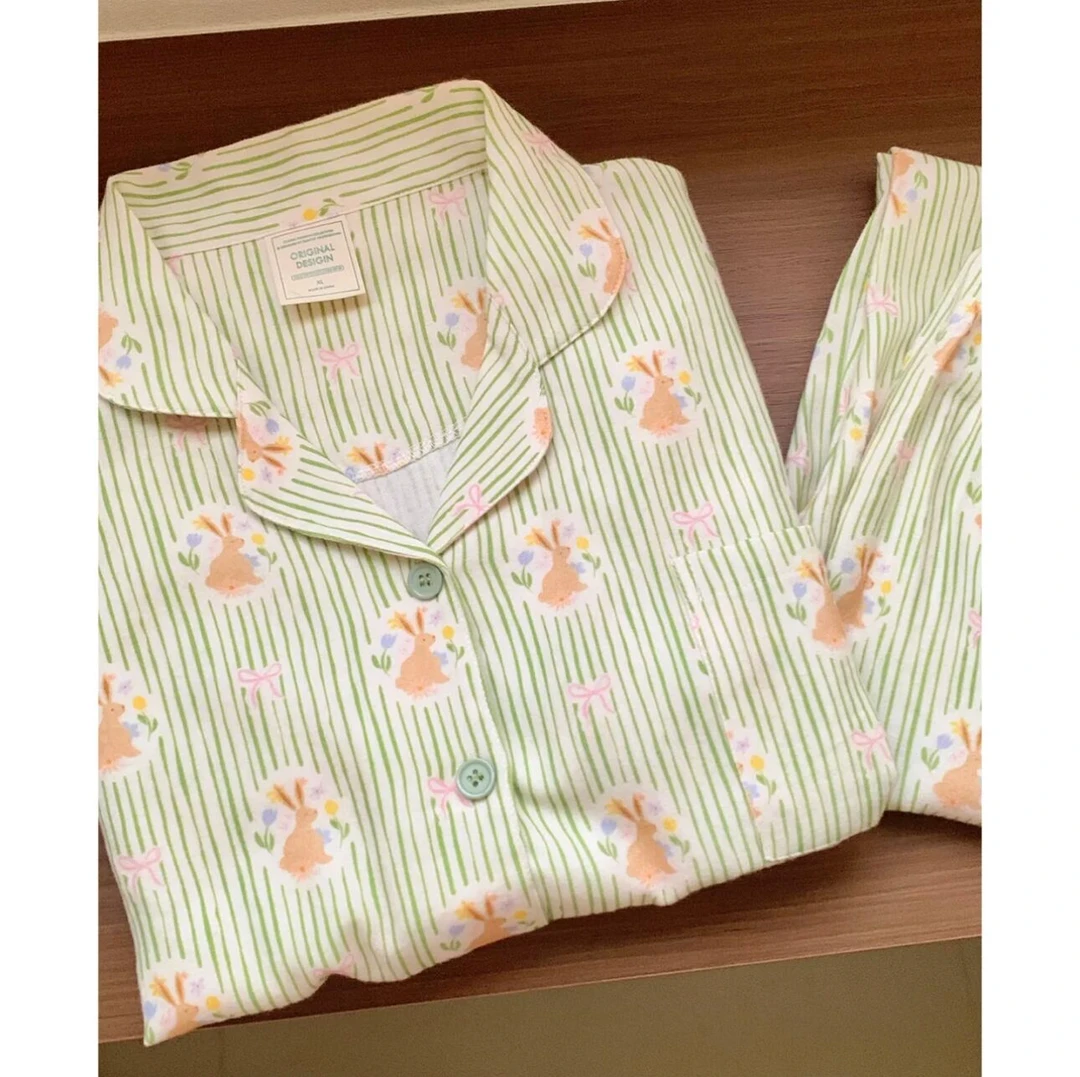 睡衣女春秋冬季长袖纯棉磨毛超柔软可外穿卡通条纹印花家居服套装