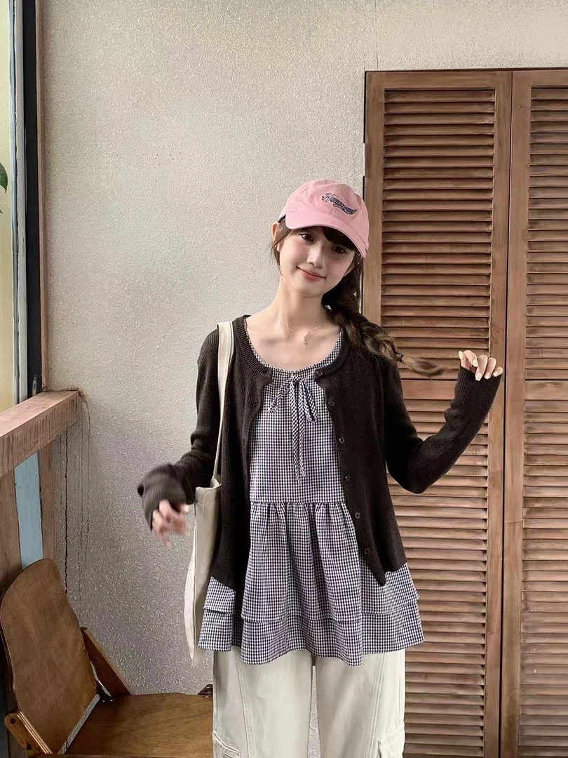 A343-气质套装长袖外套女格子吊带秋季显瘦两件套