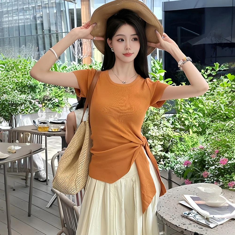 【现货】不规则冰丝针织短袖t恤2025新款夏小众设计感绑带收腰上衣