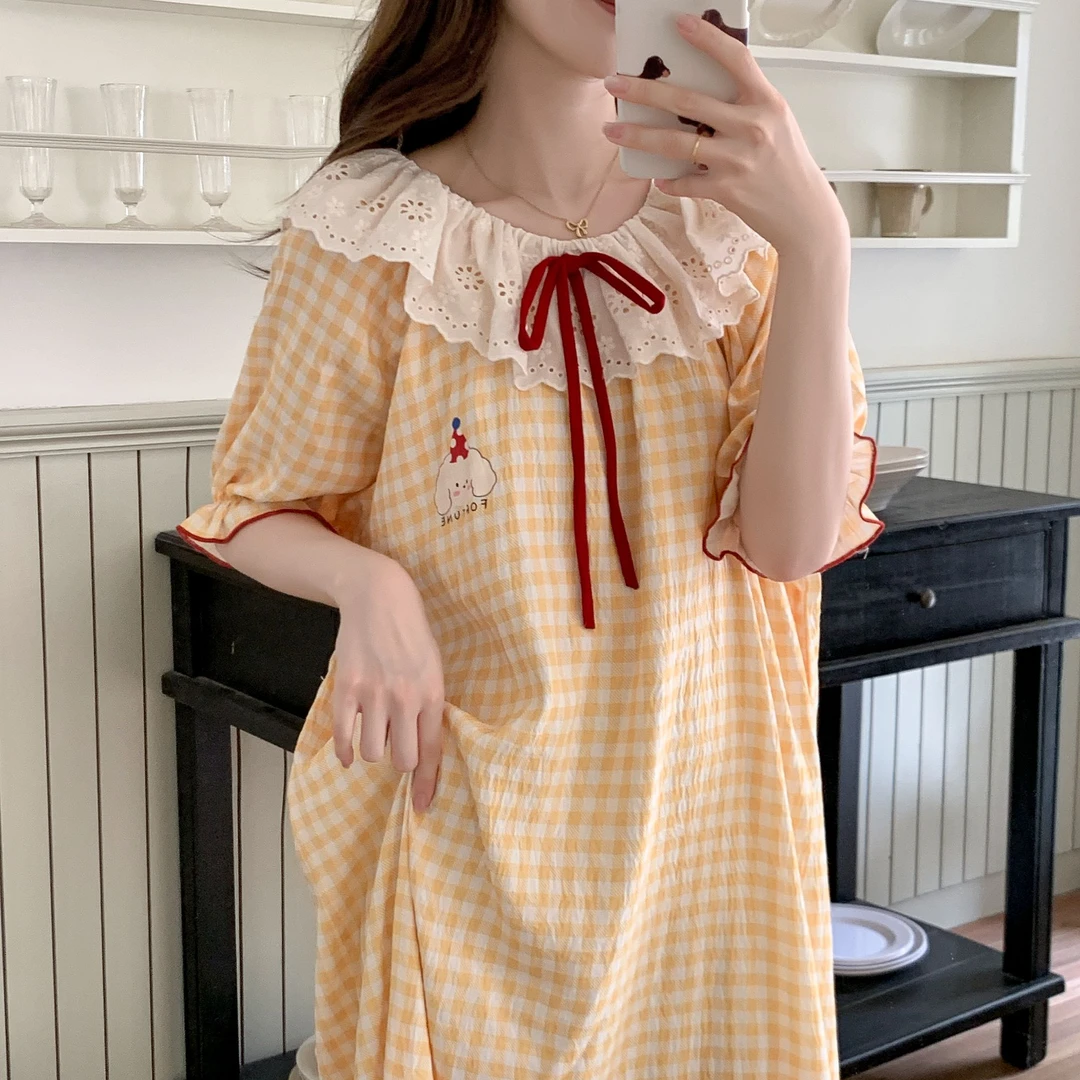 带胸垫短袖睡裙女生夏季薄款甜美公主风云朵棉中长款家居服可外穿