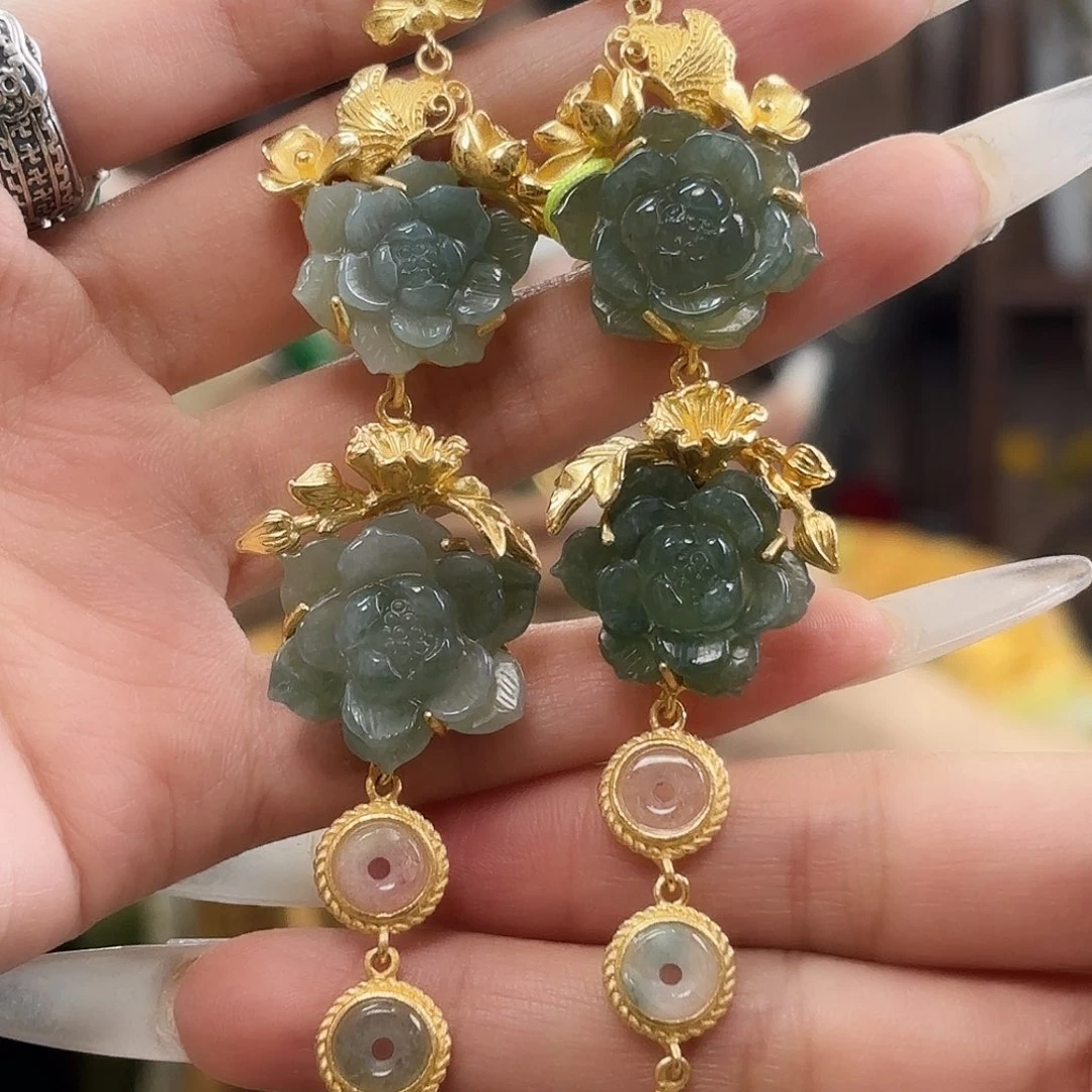 翡翠银S925镀金镶嵌耳饰