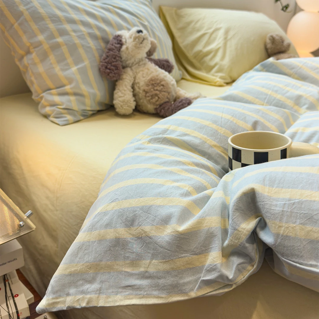 小清新芝士条纹水洗棉床上四件套纯棉100%全棉2025新款床单床笠款