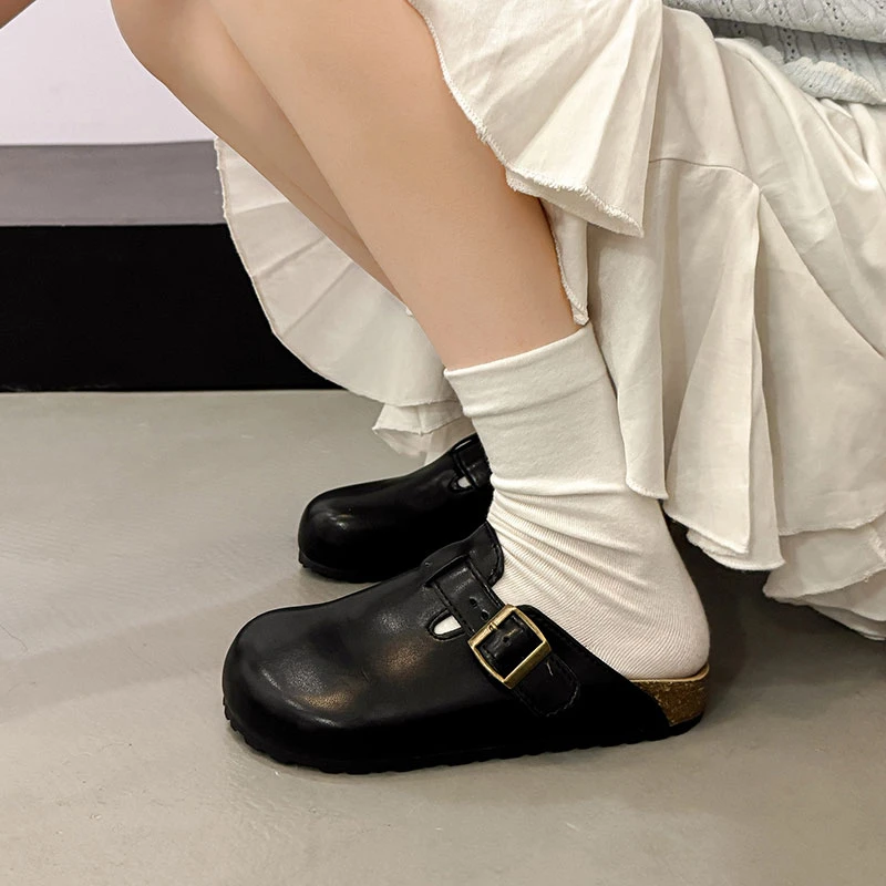 勃肯鞋包头半拖鞋女2025秋季新款复古平底懒人一脚蹬休闲穆勒鞋子