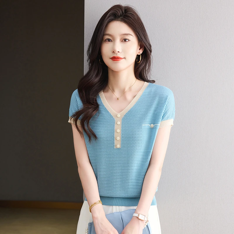宽松夏装中年女士天丝透气T恤遮肚子薄款百搭针织短袖V领不粘身