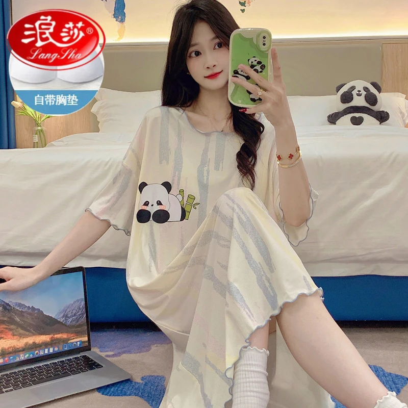浪莎带胸垫短袖睡裙女夏季300斤加肥大码冰丝新款宽松可爱卡通家