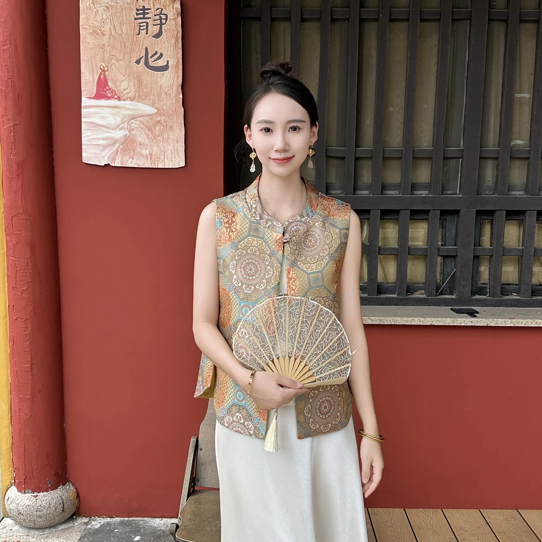 【晴山月】新中式复古中国风盘扣时尚风宽松背心流苏印花提花马夹