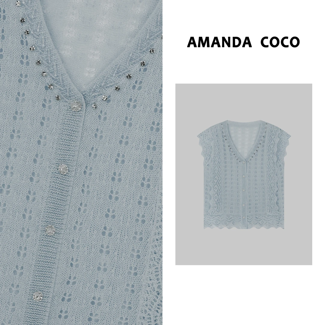 AMANDACOCO  | 钉钻镂空钩花减龄v领小飞袖针织衫