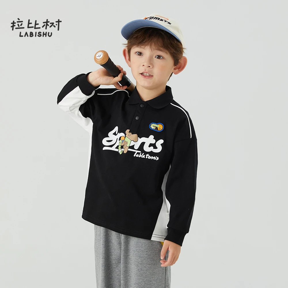 拉比树2025宝宝卡通印花百搭拼接polo领长袖秋季宝宝衣服