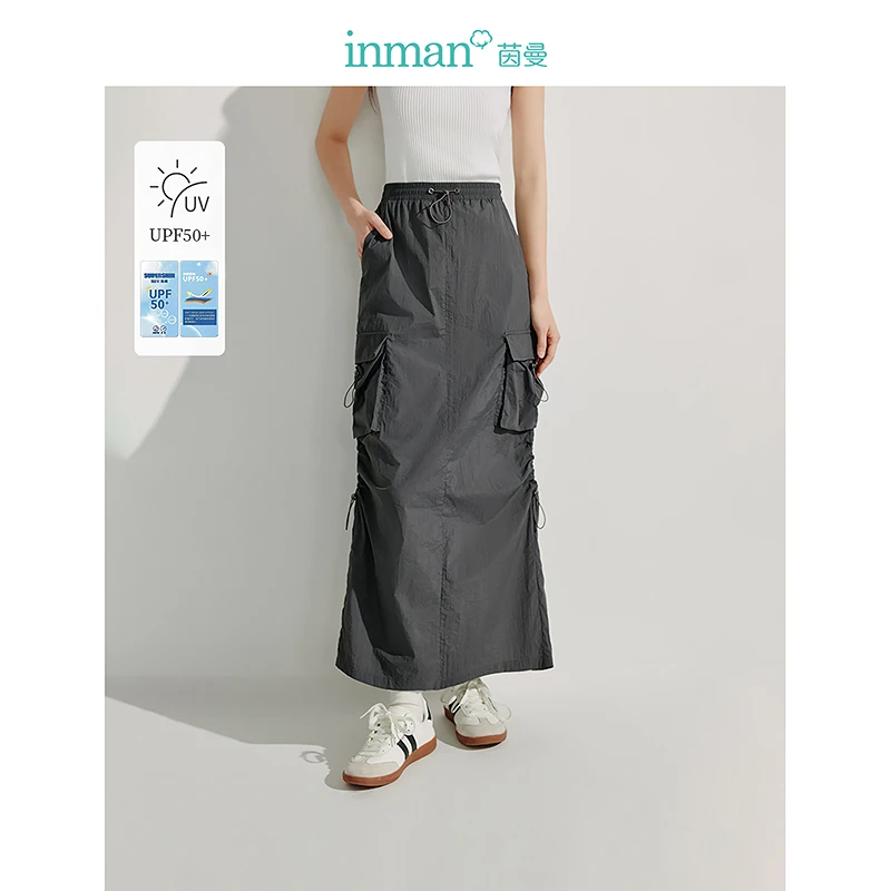 【欧若轻机能】茵曼夏季UPF50+防晒工装直筒半身裙松紧腰大口袋长裙