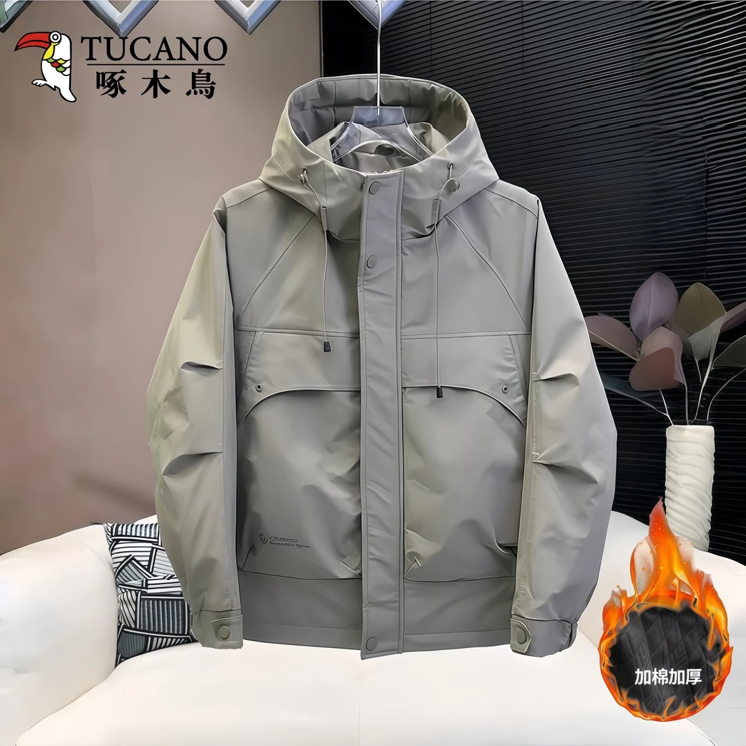 啄木鳥2025新款秋冬季男士连帽夹克加棉加厚休闲防风工装冲锋外套