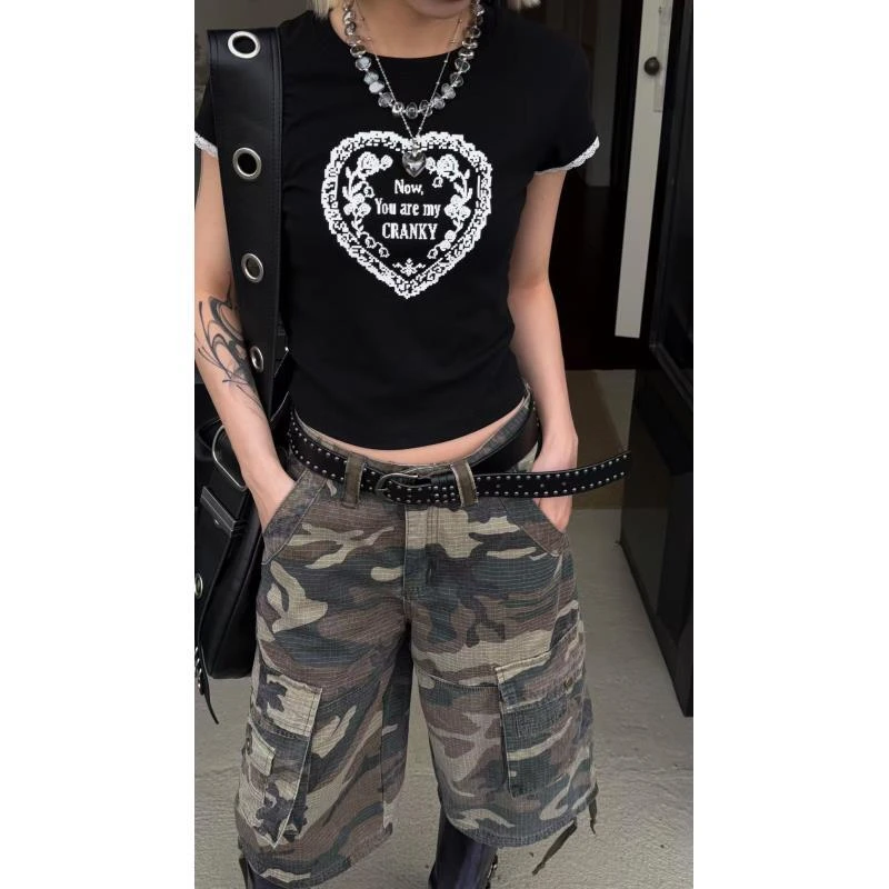 HELLOTANGO《甜度超标》夏季韩系蕾丝花边甜美爱心修身T恤65054#