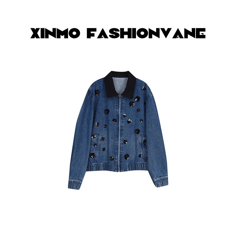 【XINMO】新款翻领深蓝色珠花水牛仔外套女C24081217
