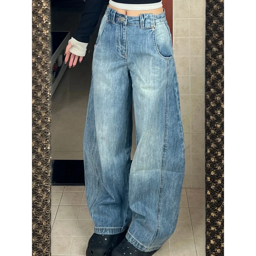 美式复古解构设计阔腿牛仔裤女2025春季新款宽松显瘦弯刀拖地裤子