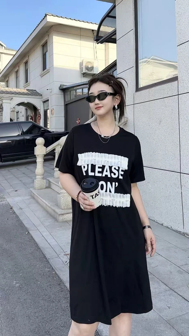 大码韩版短袖连衣裙女夏季宽松遮肚镂空长裙胖MM拼接撞色T恤裙子