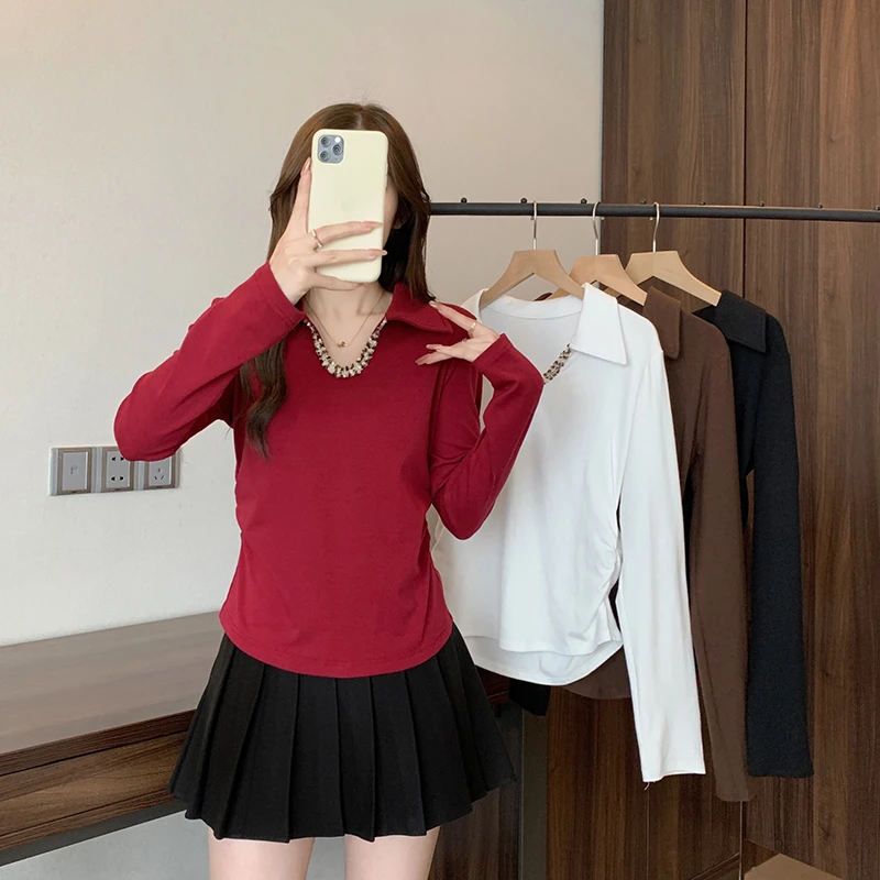 亮片V领长袖t恤打底衫女春季2025大码胖mm设计感海鸥领上衣小衫潮