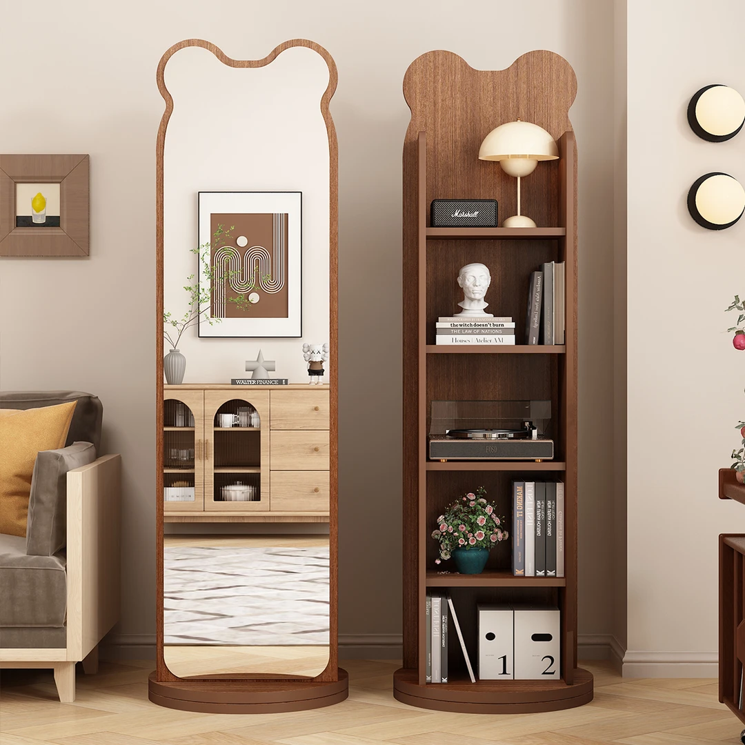 小熊全身镜旋转穿衣镜家用卧室多功能落地镜书架储物一体大试衣镜